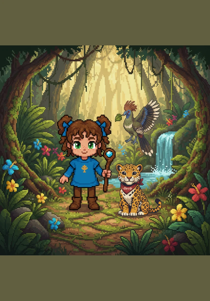 Walking into the deep green jungle, Romaiyah meets a friendly Jaguar with beautiful golden spots. The Jaguar purrs softly, showing her how the green on her flag matches the leaves of the giant rainforest trees.