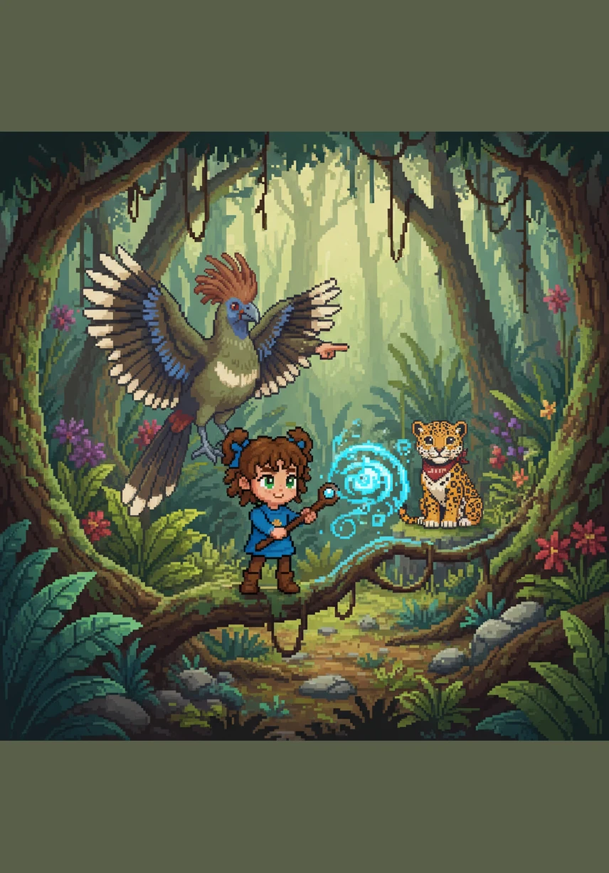 A strange and beautiful Hoatzin bird, also known as the Canje Pheasant, flies down to perch on a branch. Its feathers shimmer like the yellow golden arrowhead on the flag, representing the bright sun and the wealth of the land.