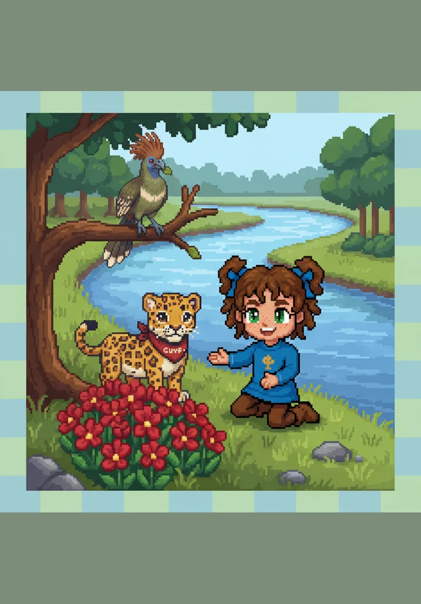 Romaiyah finds a cluster of bright red flowers blooming along the riverbank. The deep red color reminds her of the zeal and dynamic spirit of the people, just like the red triangle on her flag.