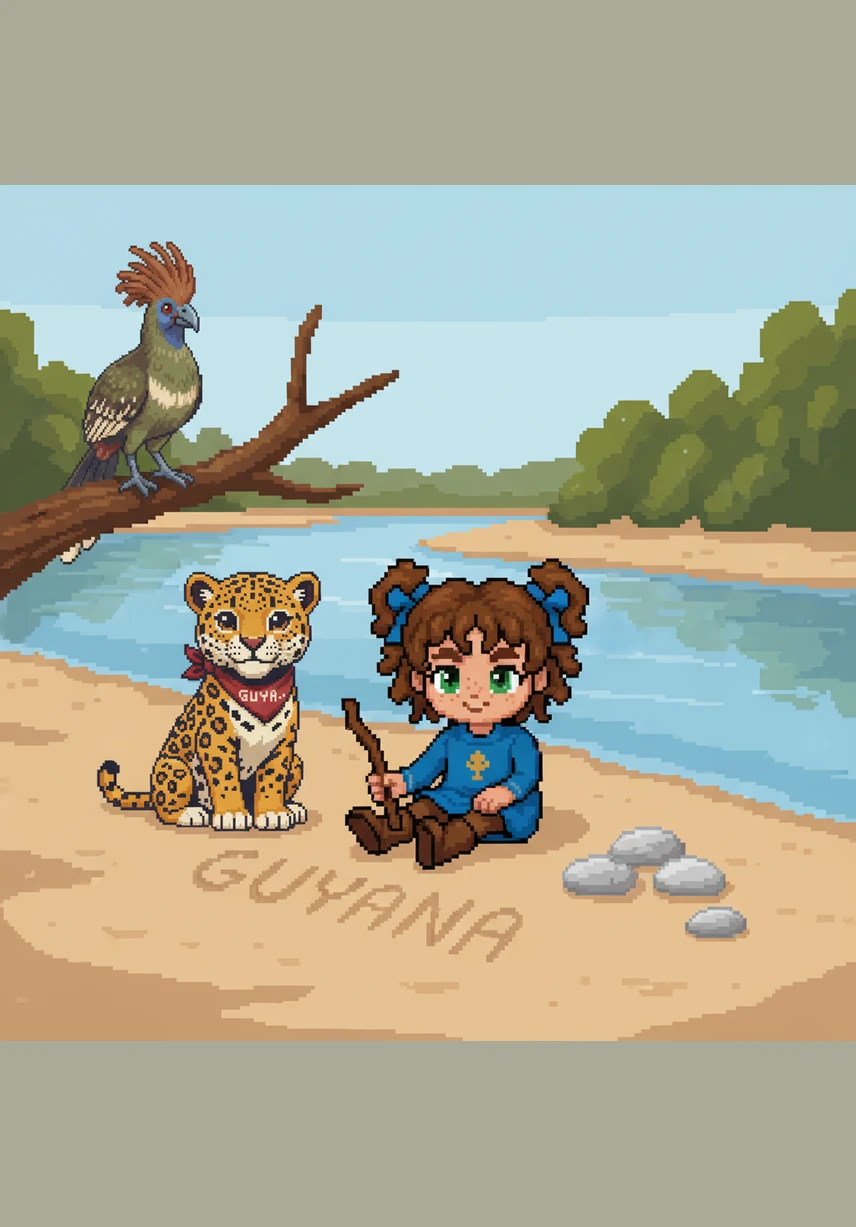 Romaiyah sits on the soft sand by the river and finds six smooth stones to play with. She uses a stick to carefully spell out the letters G-U-Y-A-N-A in the sand, saying each letter out loud with a smile.