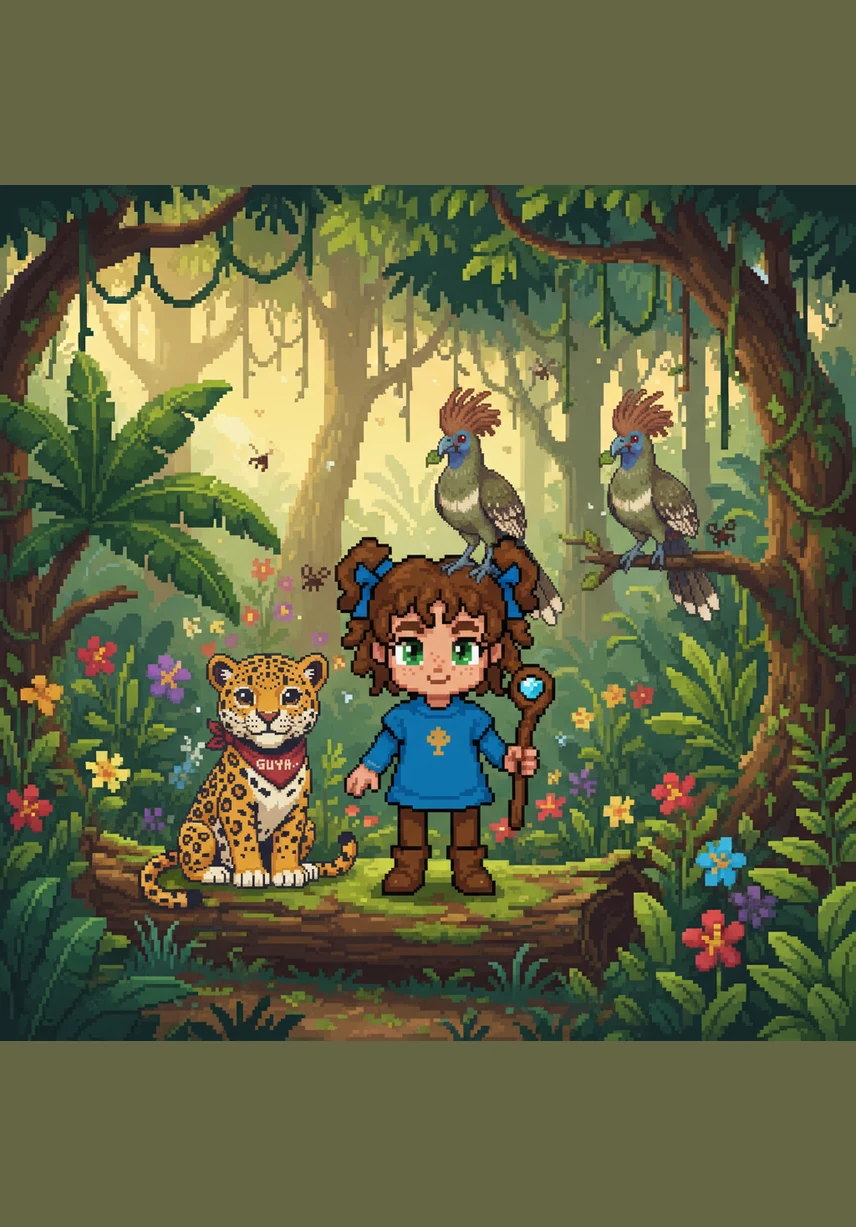 The Jaguar, the Hoatzin bird, and the turtle all gather around to see what Romaiyah has written. They look at the word GUYANA and the flag, celebrating the wonderful home they all share together.