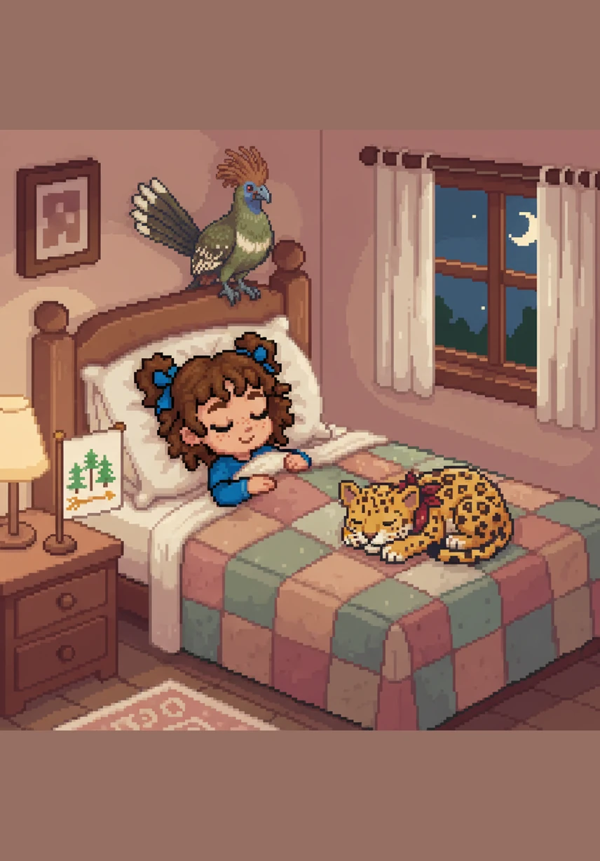 Back at home, Romaiyah snuggles into her cozy bed with her flag resting nearby. She closes her eyes and dreams of the green forests and golden arrows, ready for another adventure tomorrow.