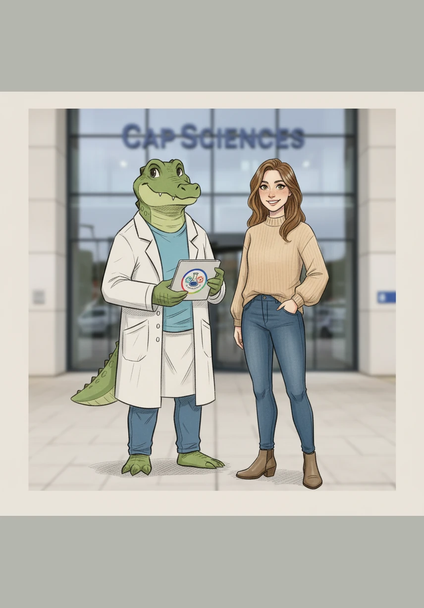 Seb le crocodile, vêtu de son t-shirt bleu ciel et de son tablier de laborantin blanc, se tient fièrement devant le bâtiment de Cap Sciences aux côtés de Julie. Il tient une tablette numérique affichant un logo coloré, tandis que tous deux accueillent le lecteur avec un sourire chaleureux et professionnel.