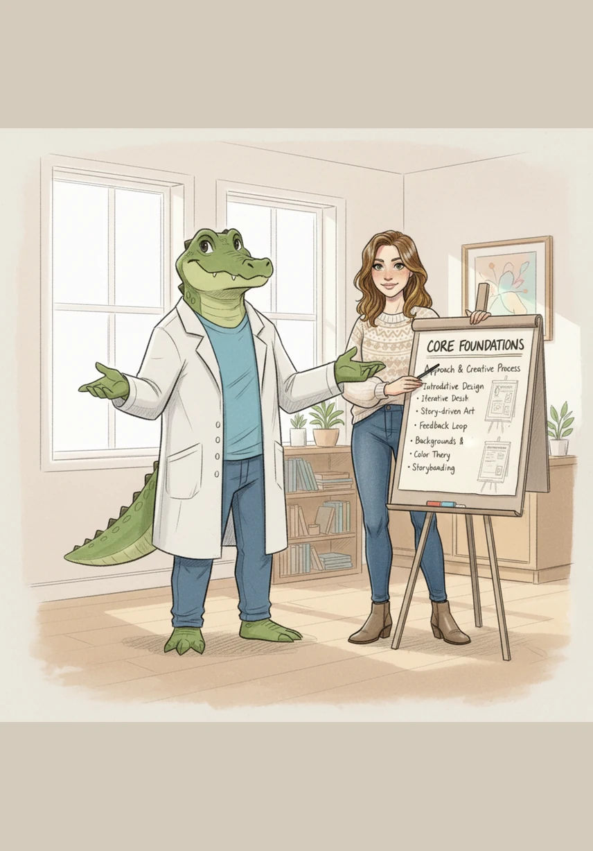 Dans une salle lumineuse, Seb et Julie présentent les fondements de leur nouveau guide sur l'intelligence artificielle. Ils se tiennent devant un grand panneau pédagogique où figurent quatre icônes stylisées représentant un cadenas, un livre de loi, un symbole de copyright et un triangle de vigilance.