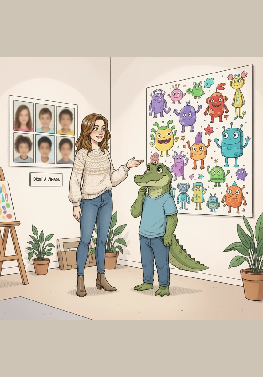 Julie souligne l'importance du droit à l'image en montrant un mur de photographies d'enfants volontairement floutées. À côté, des illustrations de personnages fictifs et colorés sont mises en avant, illustrant la volonté de l'association de privilégier les créations imaginaires plutôt que des images réalistes.