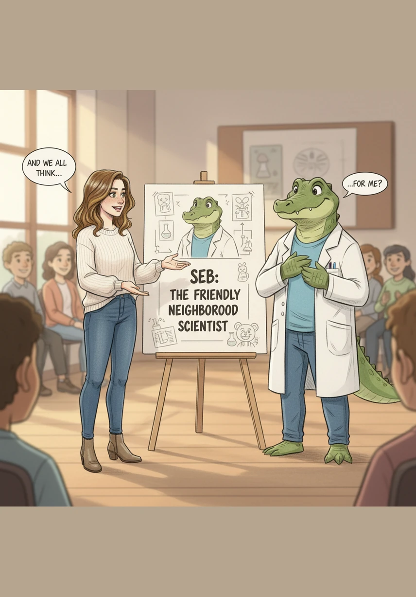 Julie présente un panneau d'affichage illustrant des exemples concrets d'outils numériques comme des agents conversationnels et des applications éducatives. Elle insiste sur la nécessité de transparence, montrant comment chaque interaction doit être clairement identifiée pour guider les utilisateurs en toute confiance.