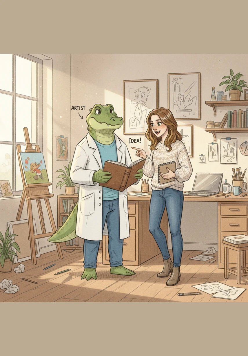 Devant un écran affichant une œuvre numérique en cours de création, Seb explique que la valeur d'un projet réside dans l'apport humain. Il tient un carnet de notes et un stylo, prêt à corriger et à enrichir le travail pour s'assurer qu'il reflète l'esprit et l'originalité de leur équipe.