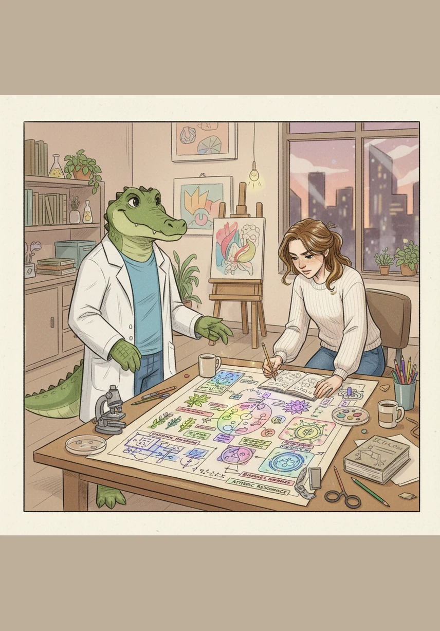 Seb et Julie analysent ensemble un tableau comparatif associant des défis technologiques, comme la vérification des faits, à des solutions basées sur la supervision humaine. Des flèches vertes relient les problèmes aux bonnes pratiques, soulignant l'importance d'une validation finale par les membres de l'équipe.