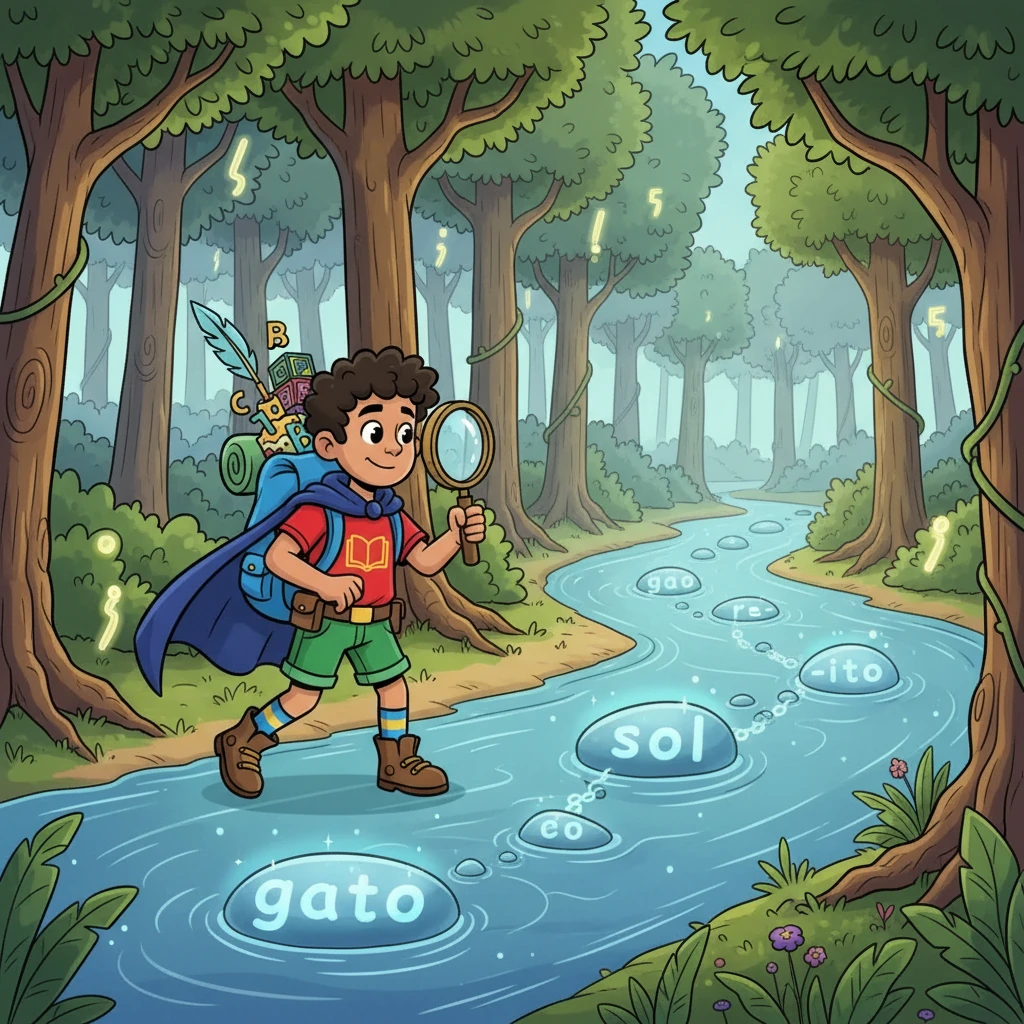 Morfy, con su capa y lupa, se adentró en el Bosque de los Morfemas. Allí, se encontró con el río de los morfemas libres, como 'gato' y 'sol', que podían vivir solos.  También, estaban los morfemas ligados, como '-ito' y 're-', que necesitaban compañía.