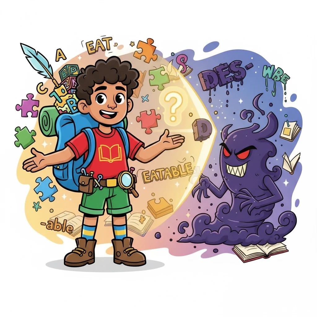 Morfy descubrió que los sufijos, como '-able' en 'comestible', transforman las palabras.  Luego, se enfrentó al malvado Prefijo 'Des-', que intentaba arruinar las palabras añadiendo 'des-'.  Morfy, con astucia, lo detuvo.