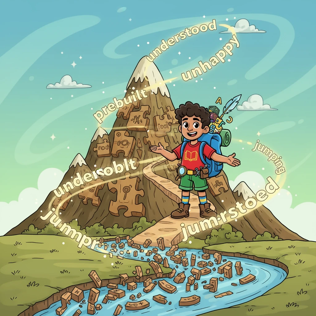 En la Montaña de los Afijos, Morfy aprendió a separar las palabras en sus partes: raíz, prefijo y sufijo.  Comprendió cómo cada parte contribuye al significado total de la palabra.  Con su ayuda, las palabras volvieron a tener sentido.