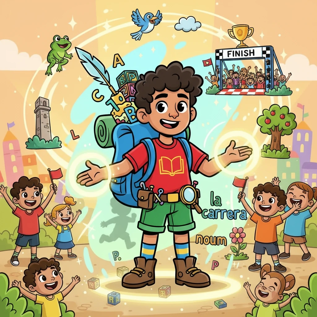 Finalmente, Morfy usó su magia para transformar verbos en sustantivos. Convirtió 'correr' en 'la carrera', devolviendo la alegría al reino de las palabras.  Todos celebraron, sabiendo que la gramática podía ser divertida y emocionante.