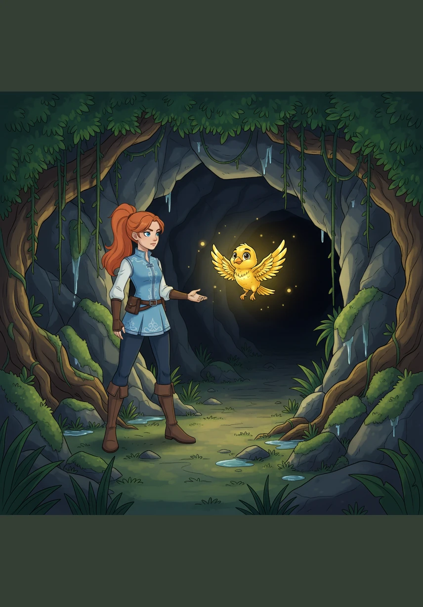 One evening, a golden bird led her to a hidden cave tucked behind a waterfall of liquid moonlight. Inside, she found a crystal pedestal holding an ancient scroll that pulsed with a warm, rhythmic heartbeat.