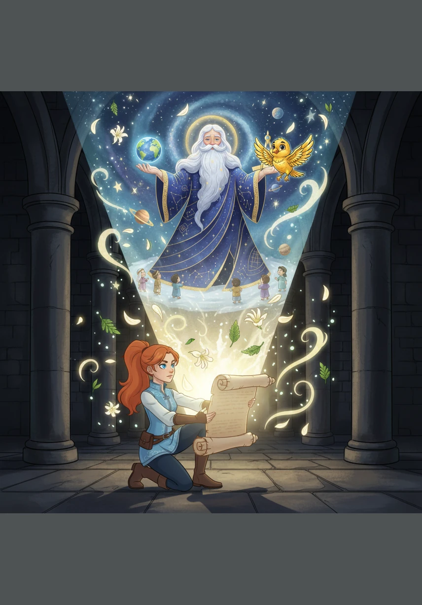 As she unfurled the parchment, the air filled with the scent of lilies and cedar. The scroll began to glow, revealing the story of the Great Architect who spoke the first word into the empty darkness to create the world.