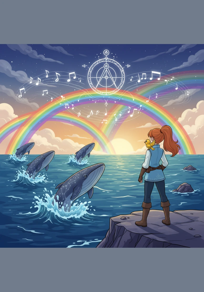 Seraphina journeyed to the Great Sea, where massive leviathans leaped from the waves to paint the horizon with shimmering rainbows. She realized their deep songs were the very melodies that kept the tides in perfect, divine balance.