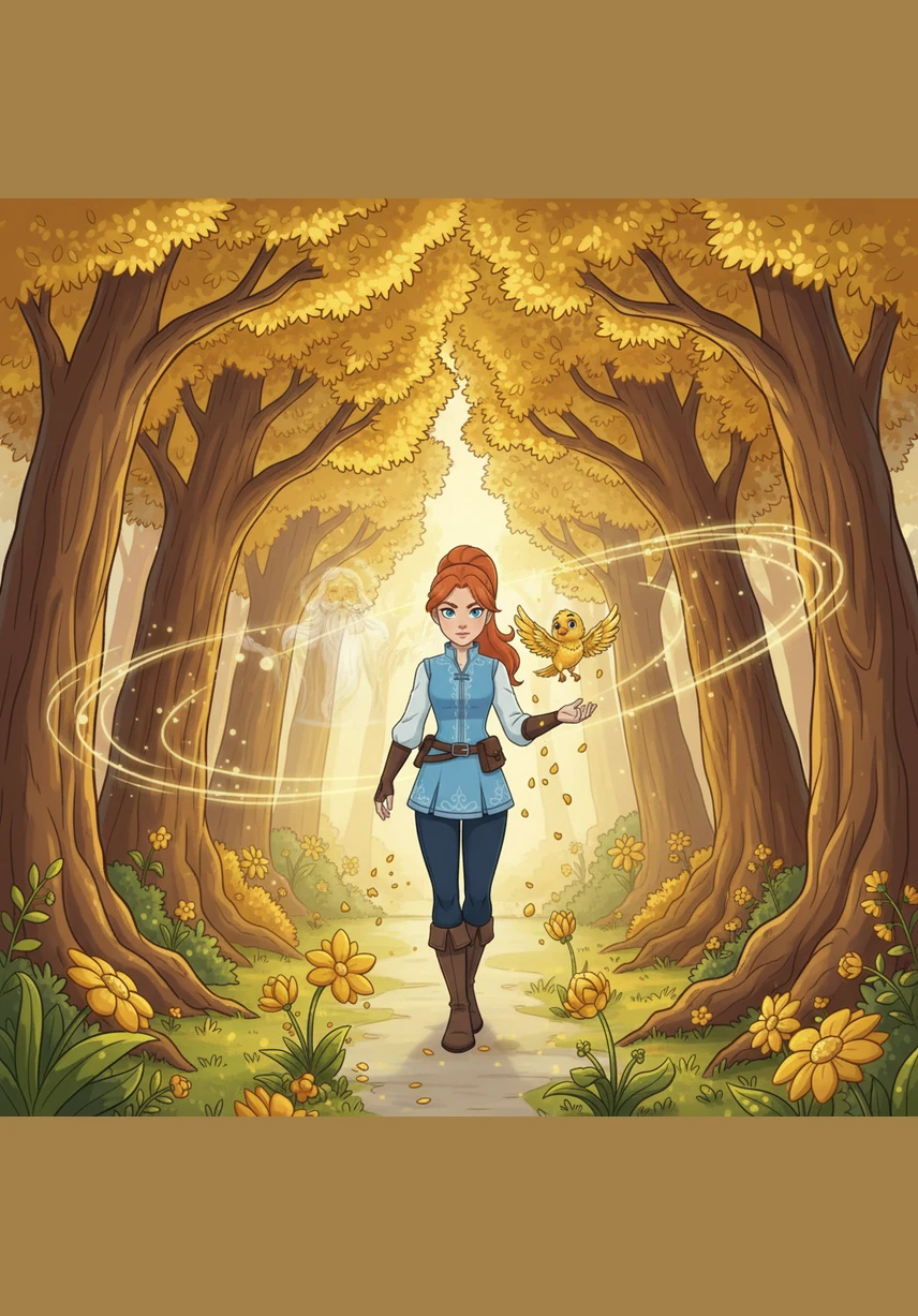 In the Whispering Woods, the giant trees bowed their heads as she passed, their leaves turning to pure gold. She heard the wind carrying an ancient promise that life would always bloom wherever there was a seed of hope.