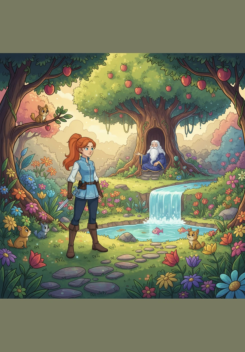 She reached the Garden of Wonders, where every creature spoke in a language of peace and kindness. Majestic lions napped beside gentle lambs, and the air was thick with the sweet perfume of an eternal, magical spring.