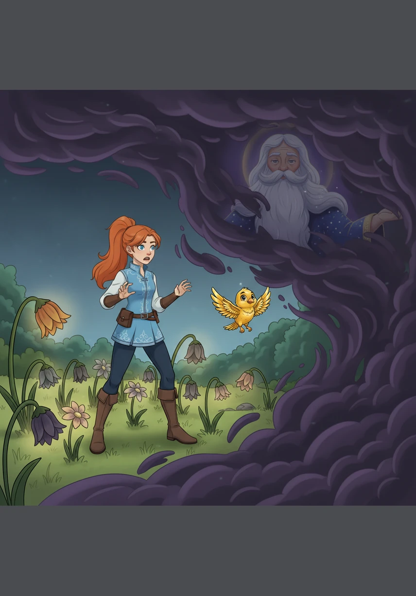 Suddenly, a cold mist of shadows crept over the hills, threatening to swallow the vibrant colors of the world. Seraphina felt a moment of fear as she watched the glowing flowers begin to wilt under the heavy gray gloom.