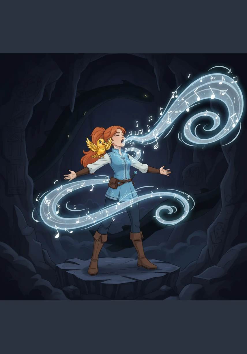 Remembering the wisdom of the scroll, she stood tall and sang the melody she had heard from the leviathans and the whispering wind. Her voice rang out clear and true, cutting through the shadows like a silver blade of light.