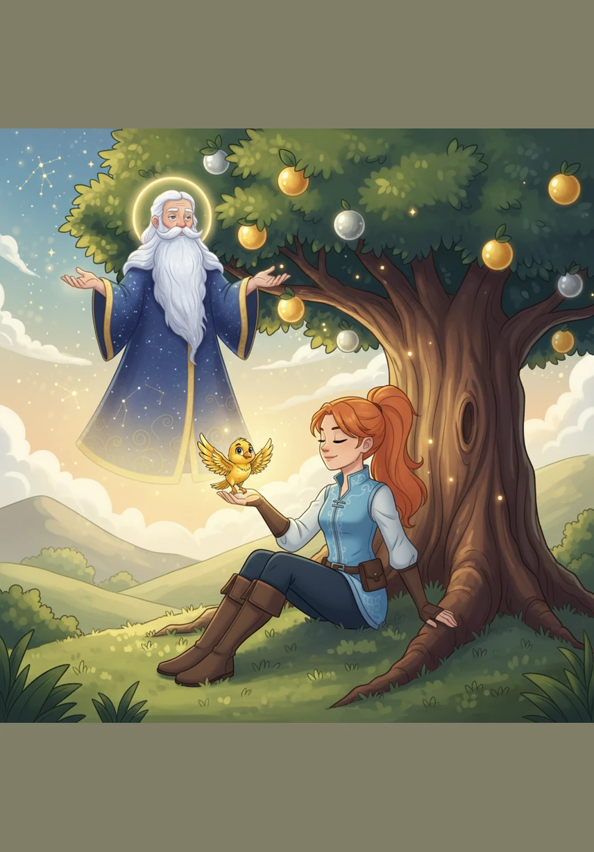 Seraphina sat beneath the glowing fruit of the Tree of Life, feeling the warmth of the celestial sun on her face. She knew now that she was a precious part of a grand and beautiful story that would never truly end.