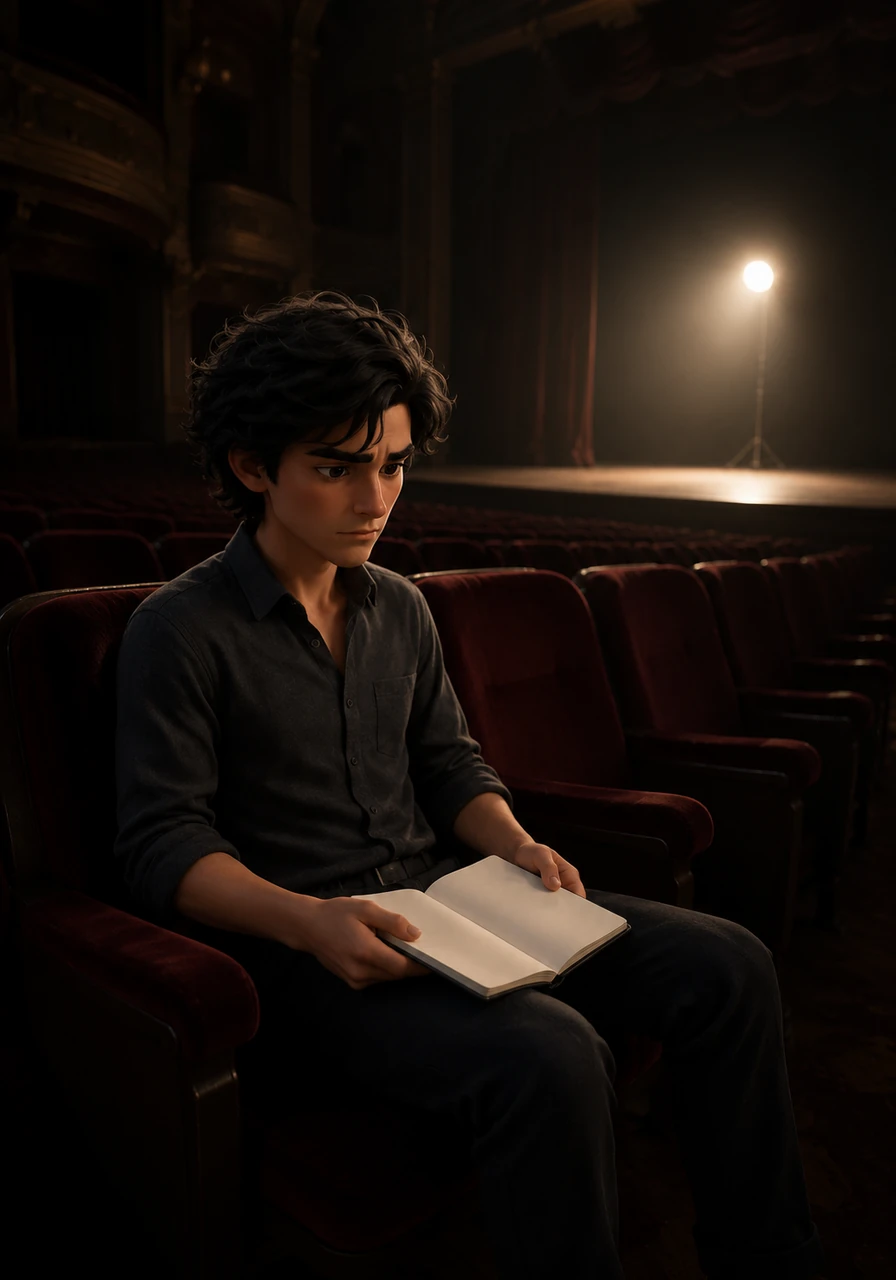 Arthur sat alone in the dim, empty theater, staring at his blank notebook under the glow of a single ghost light. The velvet seats were silent, and his mind felt just as empty as the stage before him.