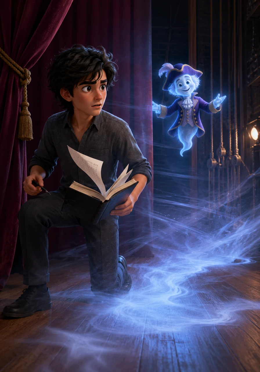 A sudden, icy breeze swept through the auditorium, rustling the heavy stage curtains and flipping the pages of Arthur's notebook. From the shadows of the wings, a faint, glowing vapor began to pool upon the floorboards.
