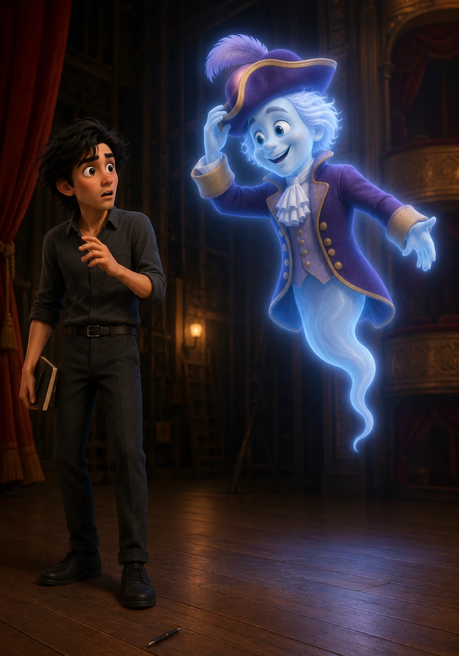 The mist coalesced into a dapper figure dressed in historical theatrical attire, floating a few inches above the stage. Arthur gasped, dropping his pen as the translucent spirit tipped his hat and offered a dramatic bow.