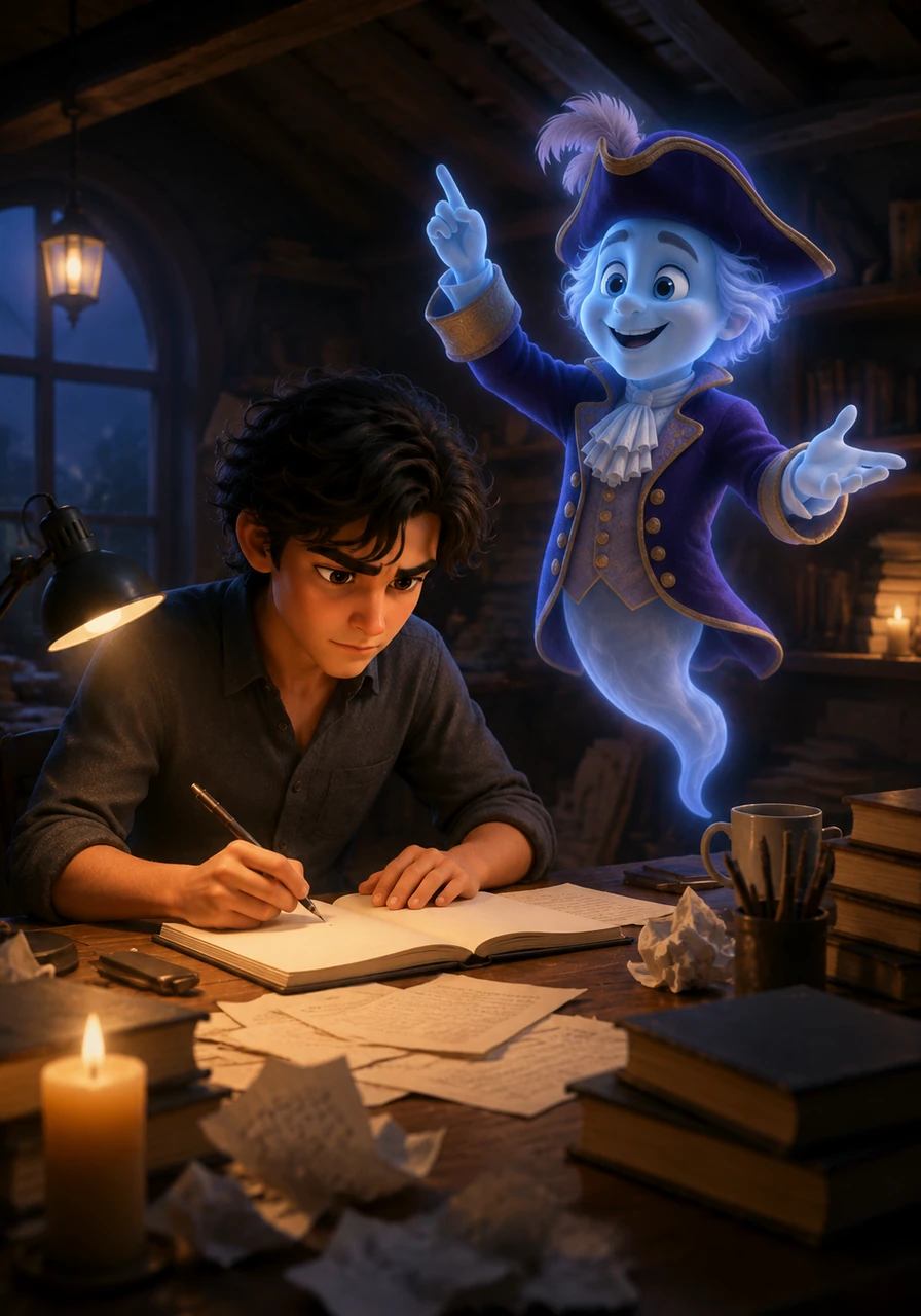 Days turned into weeks as Arthur and Gideon became an inseparable team, blending modern storytelling with classical theatrical flair. The ghost danced across the rafters, shouting out brilliant plot twists while Arthur furiously scribbled them down.