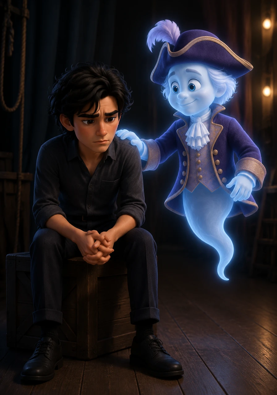 As opening night of their new play approached, a sudden wave of self-doubt struck Arthur, making him want to cancel the performance entirely. Gideon floated down beside him, placing a comforting, albeit chilly, hand on Arthur's shoulder to reassure him.