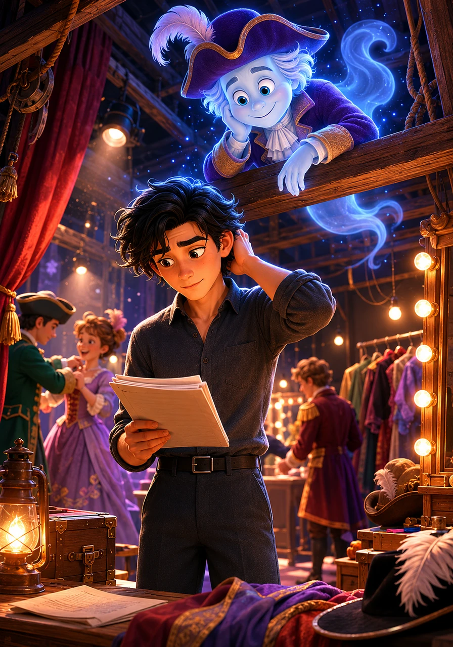 The night of the premiere arrived, and the backstage area was a whirlwind of nervous actors, colorful costumes, and shifting props. Hidden in the rafters, Gideon watched over the production like a proud guardian angel.