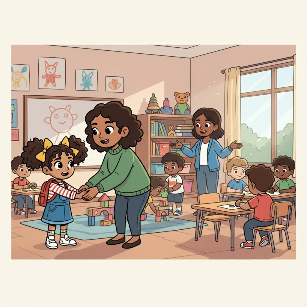 At school, Maya clutched her mother's hand tightly. The classroom buzzed with the sounds of children and the friendly voice of the teacher, Ms. Lily. Maya felt a little nervous, but also excited.