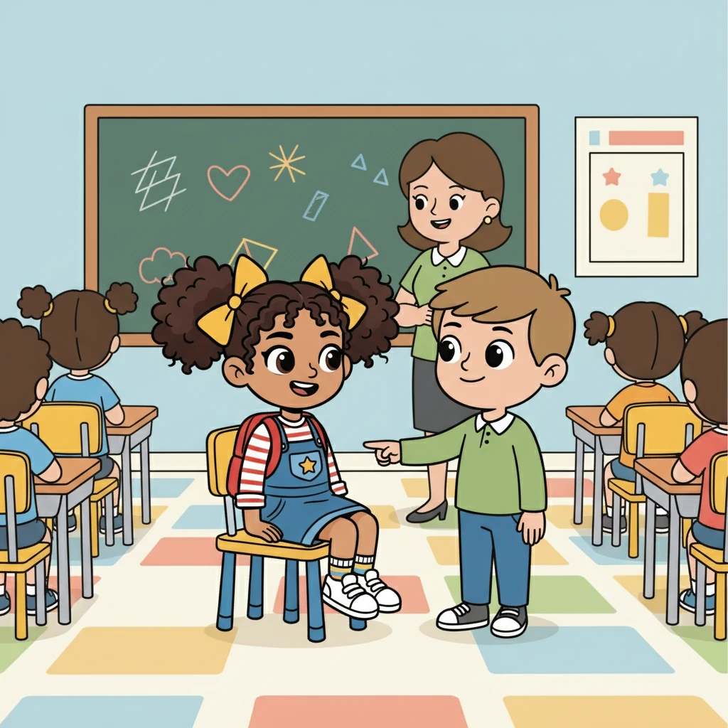Ms. Lily greeted the class and asked everyone to find a seat. Maya, unsure, looked around. A kind boy with bright eyes pointed to an empty chair. Maya smiled and sat down.