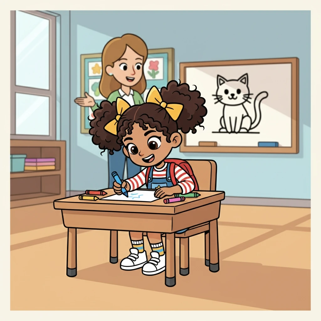 Ms. Lily began the day by asking the children to draw their favorite animal. Maya carefully listened as Ms. Lily described how to draw a cat. She picked up her crayon, ready to draw.