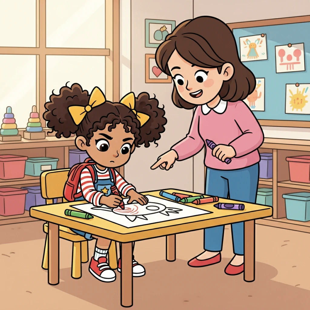 Maya followed Ms. Lily's instructions. First, a circle for the head, then two triangles for ears. She carefully drew the body, legs, and a swishing tail, just as Ms. Lily said.