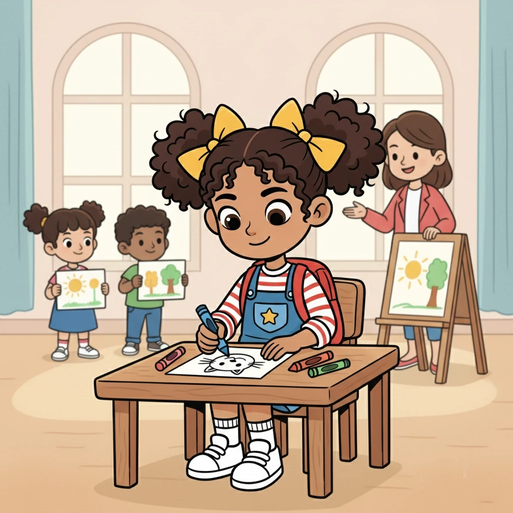 Some children were already finished, showing their drawings. Maya kept listening and drawing. She added whiskers and a happy face to her cat, feeling proud of her work.