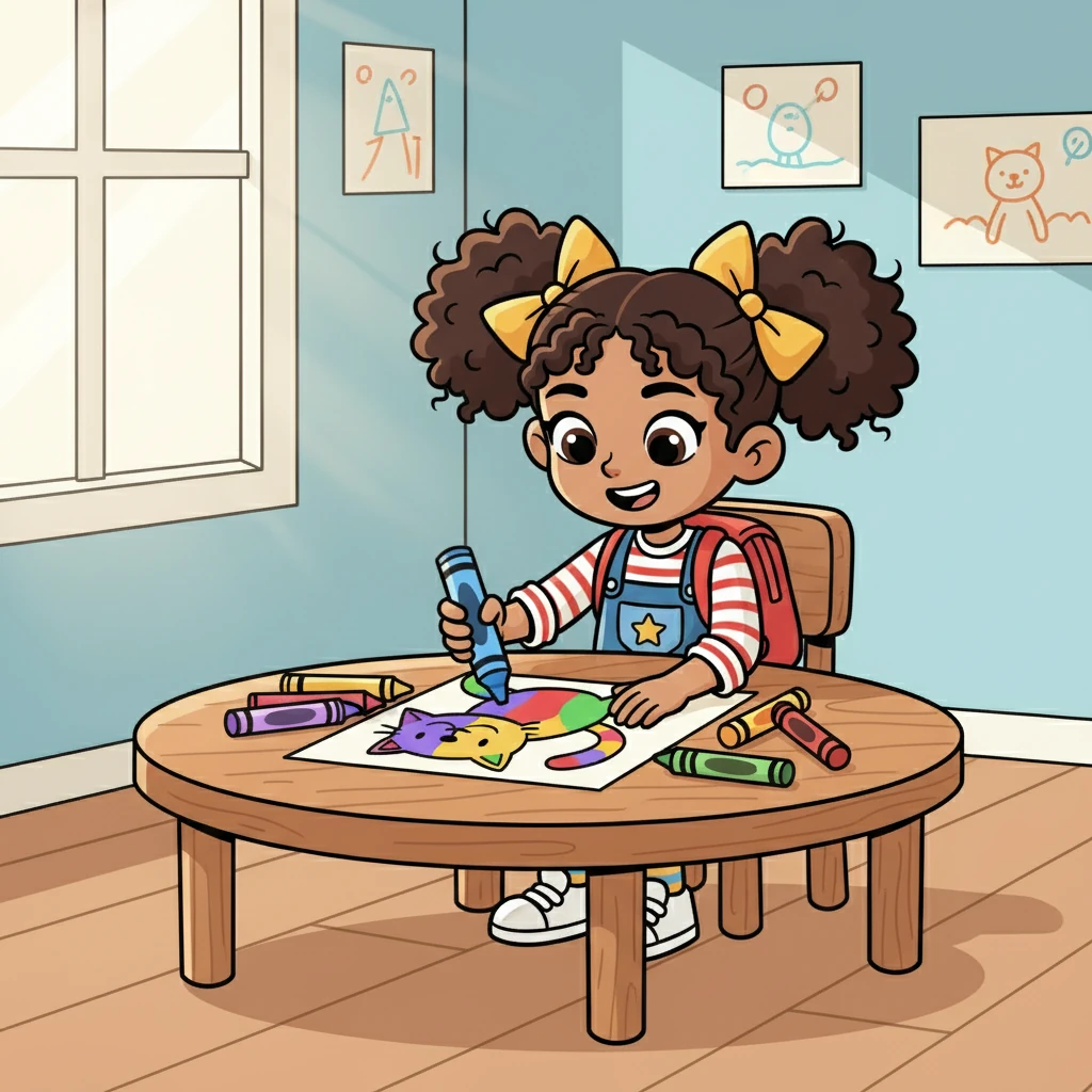 Ms. Lily praised everyone's drawings. She then asked the children to color their cats. Maya chose bright colors, making her cat look playful and fun.