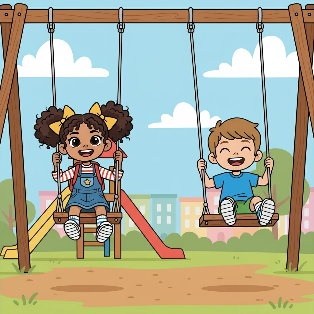 Outside, the children played on the playground. Maya and Sam swung on the swings together. They laughed and giggled, enjoying their first recess together.