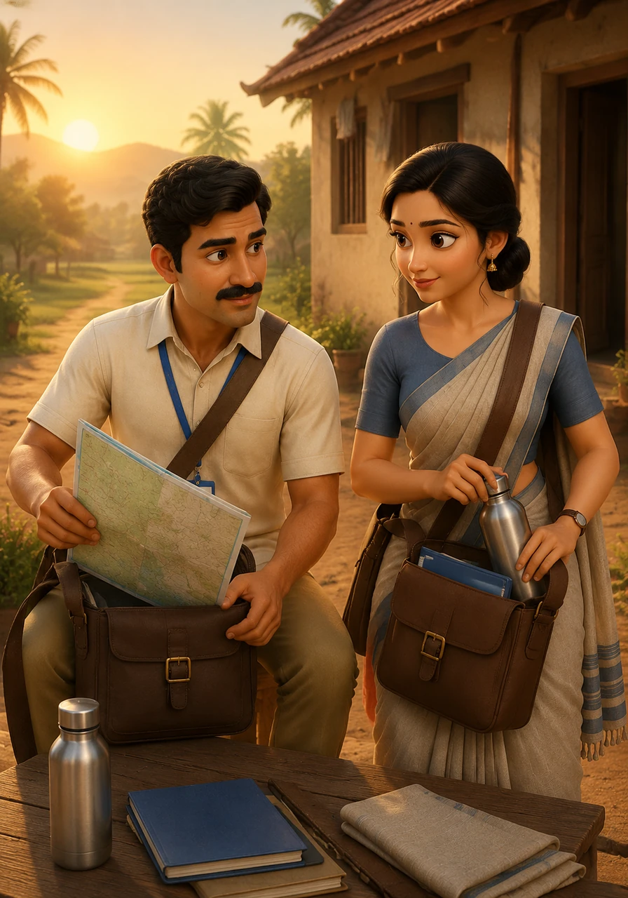 As the golden sun rises over their modest rural home, Arjun and Meera pack their official registers and ID cards into sturdy shoulder bags. Arjun checks the government-issued maps while Meera ensures their water bottles are filled, both sharing a quiet look of determination for the long journey ahead.