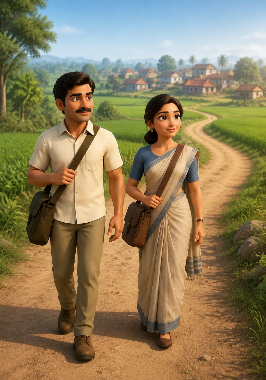 They walk along a winding, dusty road flanked by vibrant green fields, their footsteps rhythmic and steady in the early morning air. The heavy census bags pull at their shoulders, but the sight of the first village on the horizon brings a focused, professional smile to both their faces.