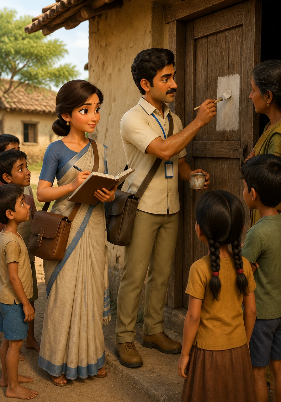Under the watchful and curious eyes of village children, Arjun carefully paints a census house number on a weathered wooden door. Meera stands beside him with her intelligent gaze fixed on the official records, cross-referencing family details with a polite and patient smile for the residents.