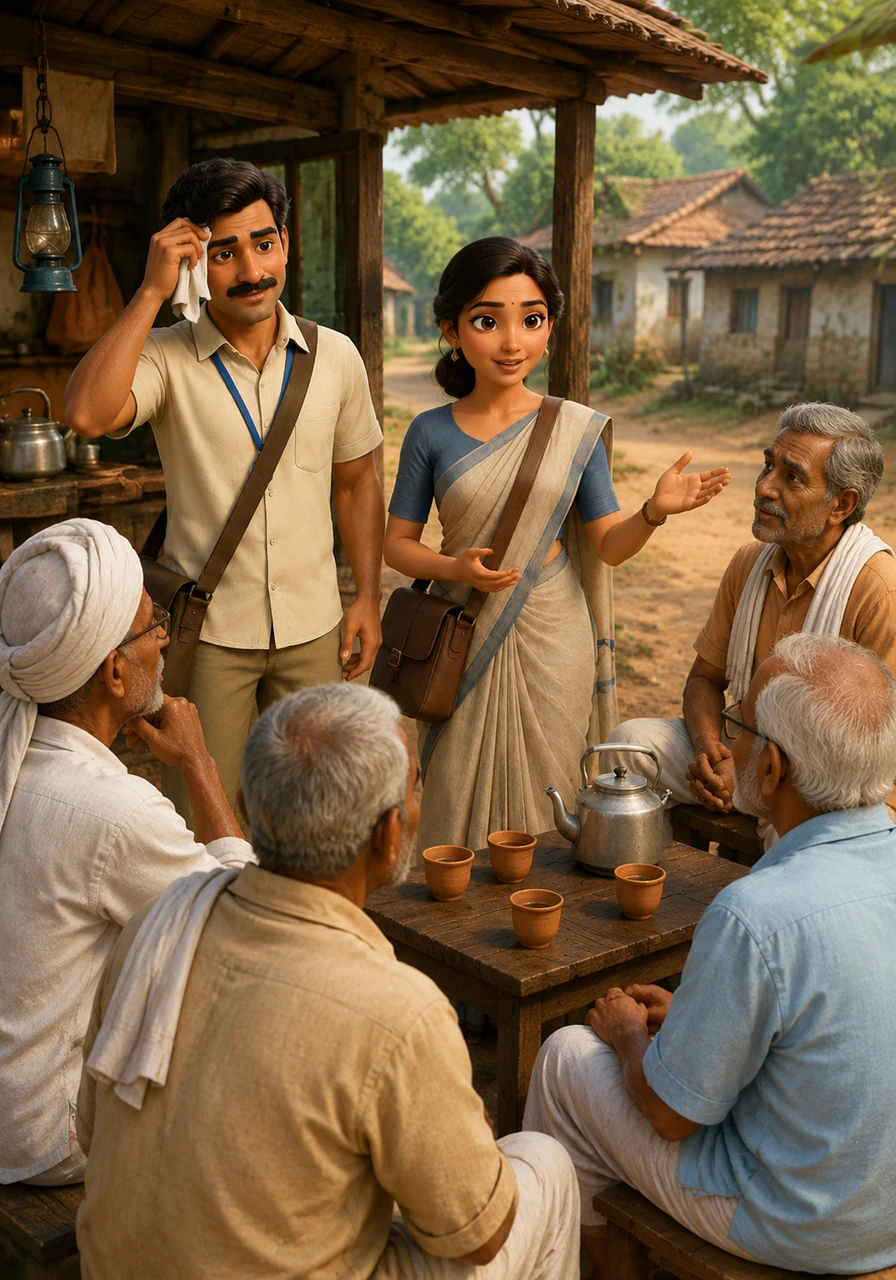 During a brief respite at a local tea stall, Arjun wipes sweat from his brow while Meera explains the importance of the census to a group of skeptical elderly villagers. The villagers listen with growing respect, realizing that this couple is the vital bridge between their remote lives and the nation’s future.