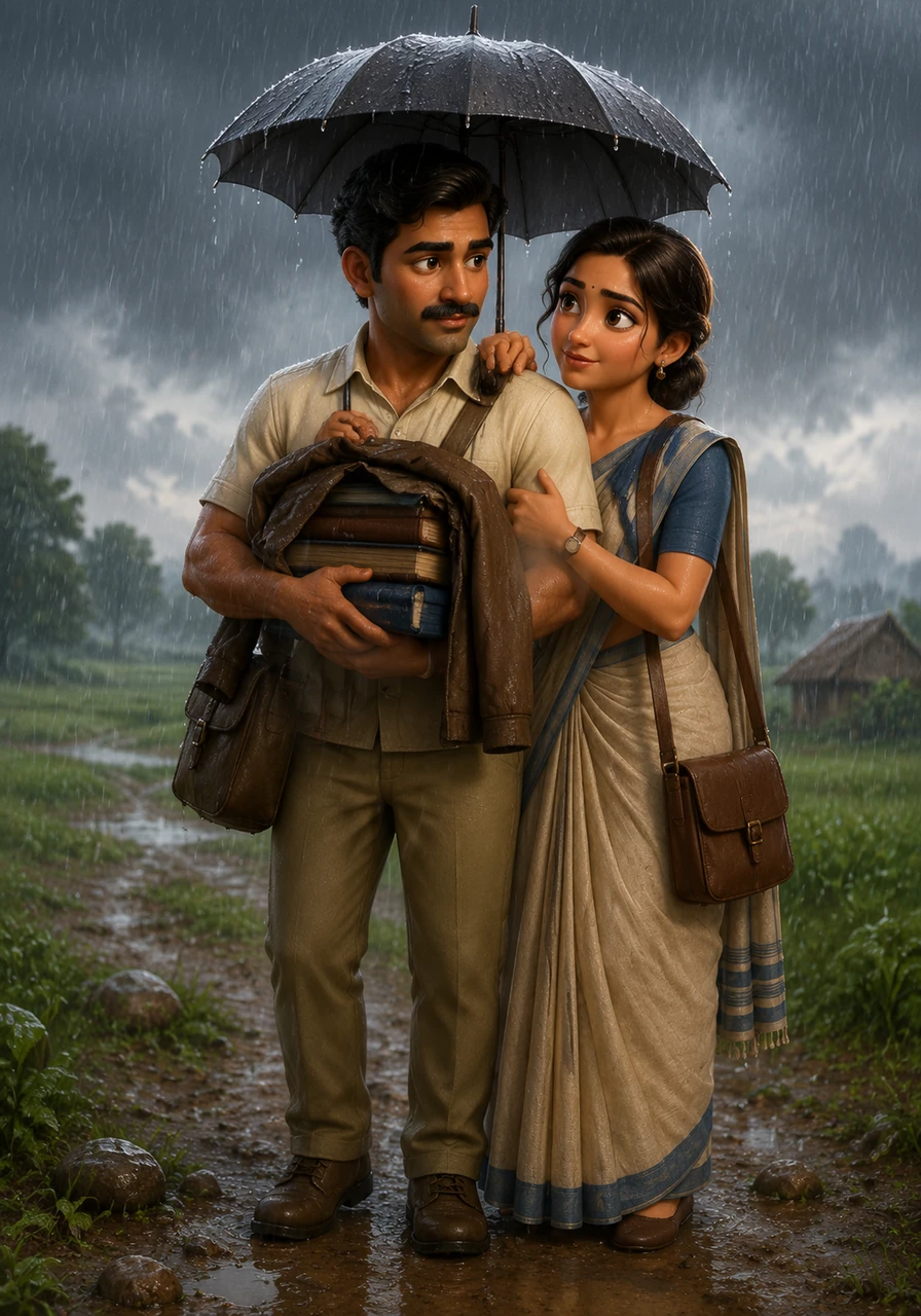 A sudden tropical downpour catches them in an open field, forcing them to huddle together under a single small umbrella. Arjun uses his own jacket to shield the precious census registers from the rain, while Meera holds him close, their bond deepening as they protect their work together.