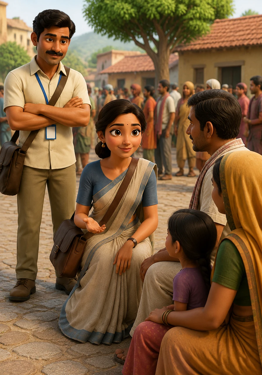 In a crowded village square, they encounter a family hesitant to share their personal information, but Meera’s gentle and caring approach soon wins their trust. Arjun stands back for a moment, watching his wife with immense pride, realizing that her empathy is their greatest asset in the field.