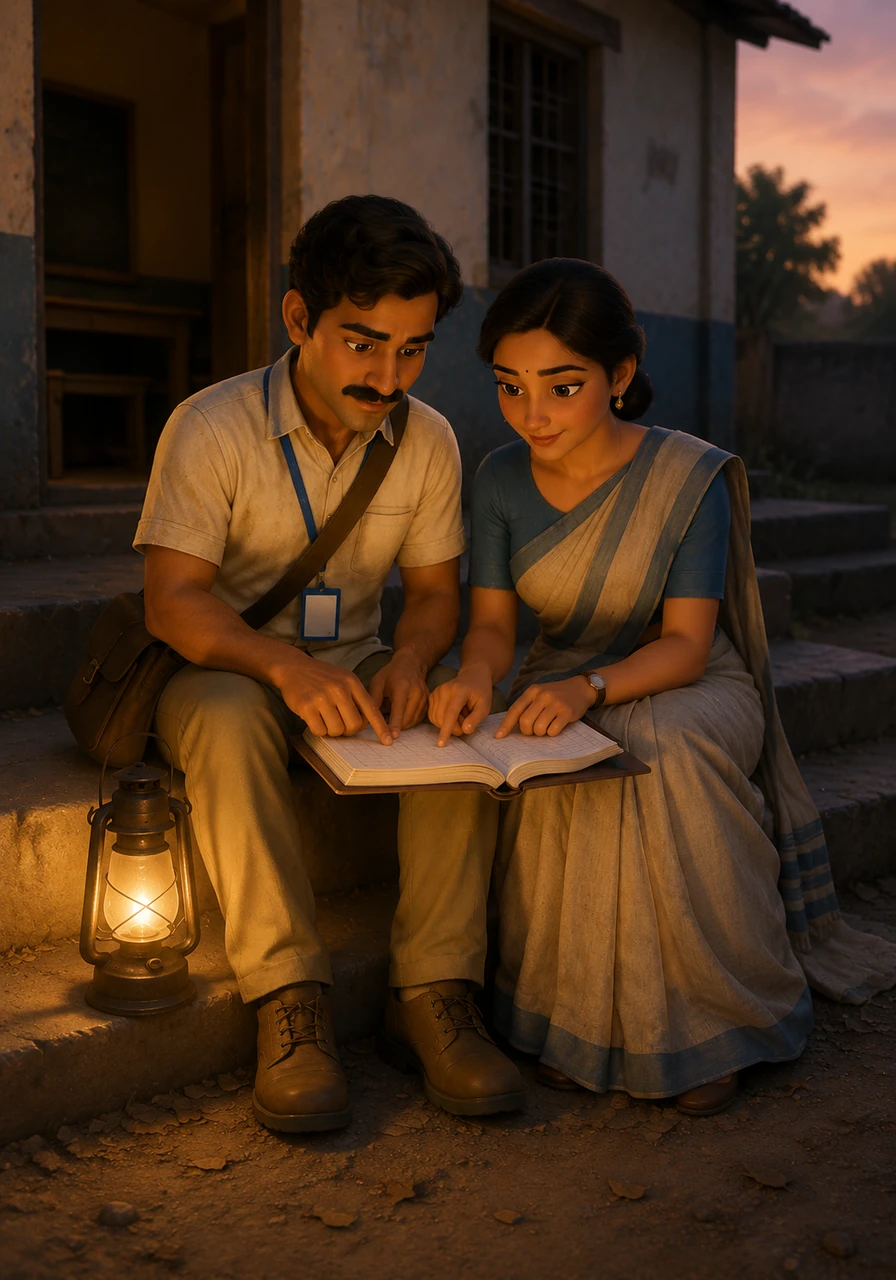 As evening approaches, they sit on the steps of a quiet village school, tired and dusty, meticulously checking their day's work by the soft light of a small lantern. Their fingers brush against each other over the pages of the register, a silent acknowledgement of the teamwork that keeps them going through the long hours.