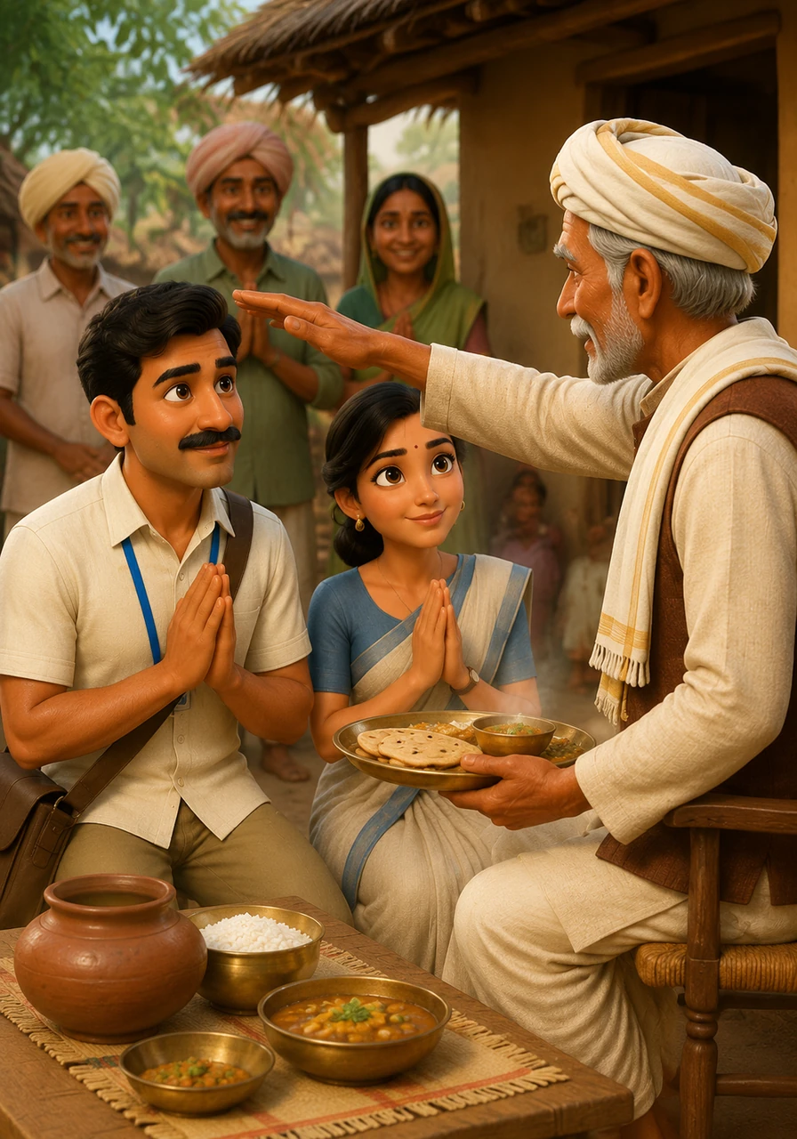 On the final day of their assignment, the village head offers them a warm meal and a traditional blessing, expressing gratitude for their tireless service. Arjun and Meera accept with humility, realizing they haven't just collected data, but have earned the genuine respect of the community they served.