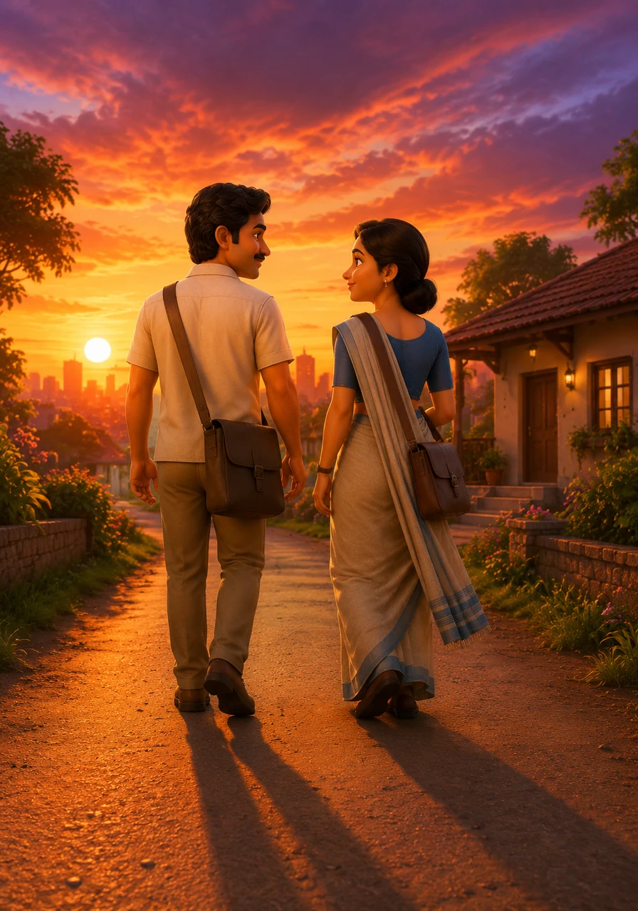 As the sun sets in a brilliant display of orange and purple, Arjun and Meera walk back toward their home, their shadows stretching long and united behind them. They realize that their service to the nation has not only mapped the country's growth but has also strengthened the beautiful map of their own life together.