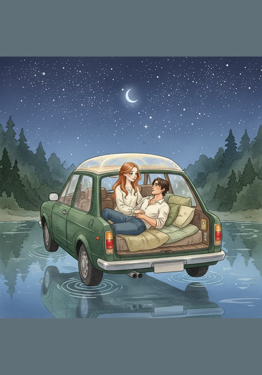 Trusting him completely, Alysa reveals her magic by enchanting his beloved car to run on water and creating a secret switch for a cozy bedroom in the back. They lay together in the car, watching the stars through a roof she spelled to stay clear and warm regardless of the weather outside.