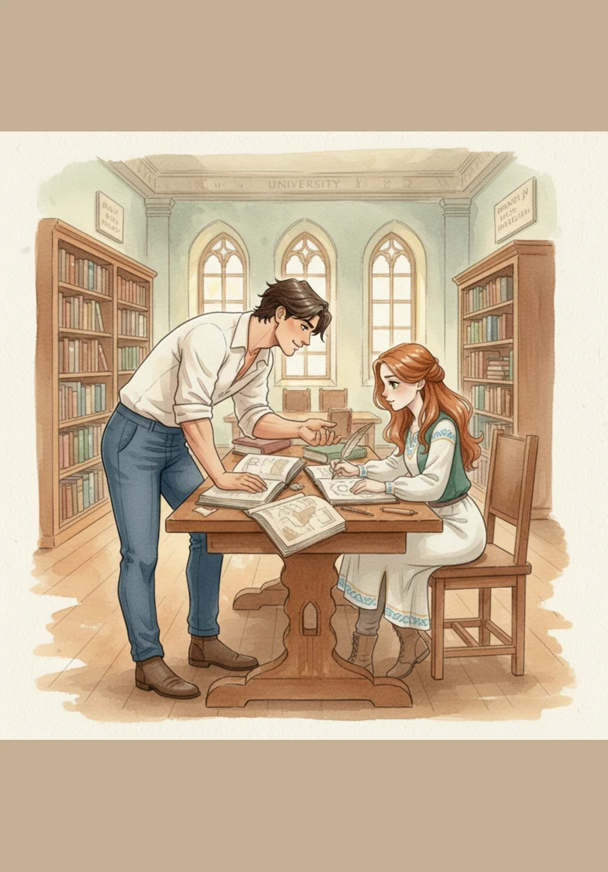 At the university, the popular athlete bends down to look directly into Alysa's eyes, ignoring the crowd of girls vying for his attention. He takes a candid photo of her reading, immediately setting it as his lock screen while she blushes, still confused by his intense and constant focus on her.