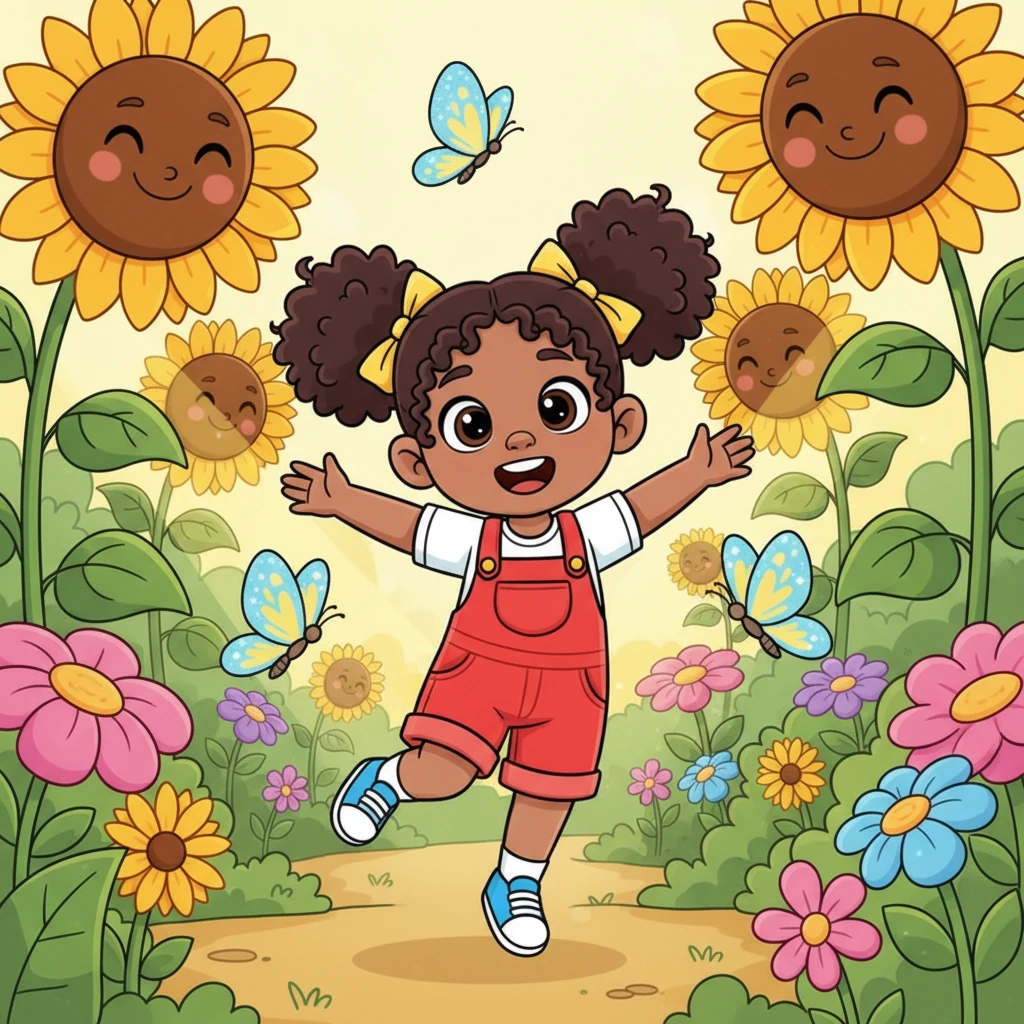 Lily, a cheerful girl with bright red overalls and pigtails, bounced through her sun-drenched garden. Butterflies with sparkly wings flitted around her, and giant, happy sunflowers seemed to wave hello. She loved exploring every colorful corner, her laughter echoing softly among the blossoms.