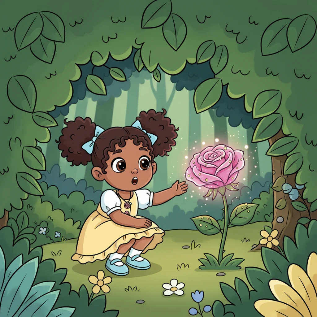 Hidden beneath a canopy of emerald leaves, Lily spotted a rose unlike any she had ever seen. Its petals glowed with a soft, iridescent pink, and tiny golden dewdrops clung to its velvety surface. It seemed to hum with a gentle, inviting light.